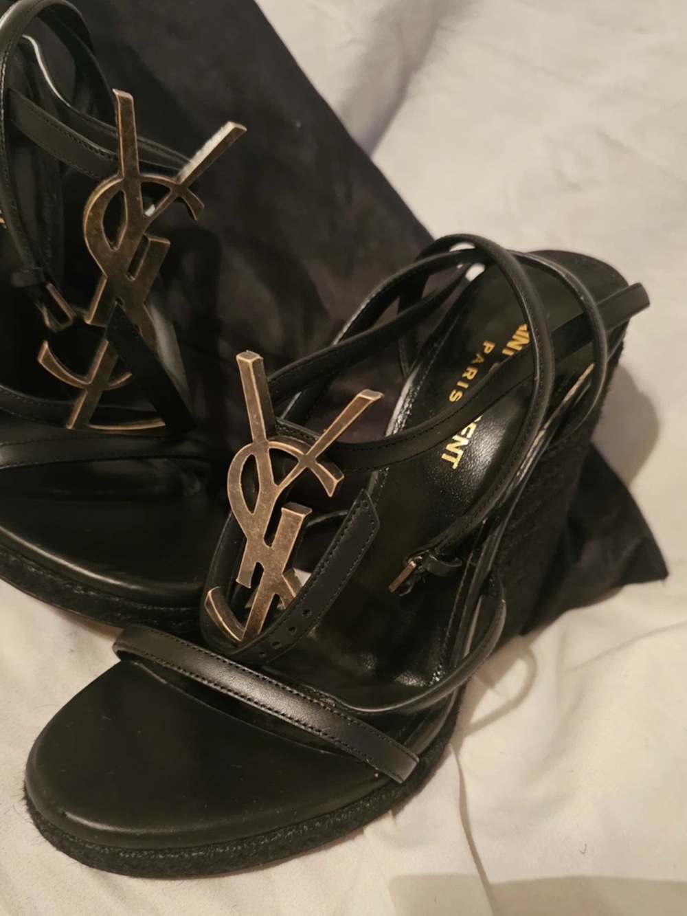Saint Laurent Black Wedge Sandals with Gold YSL Logo